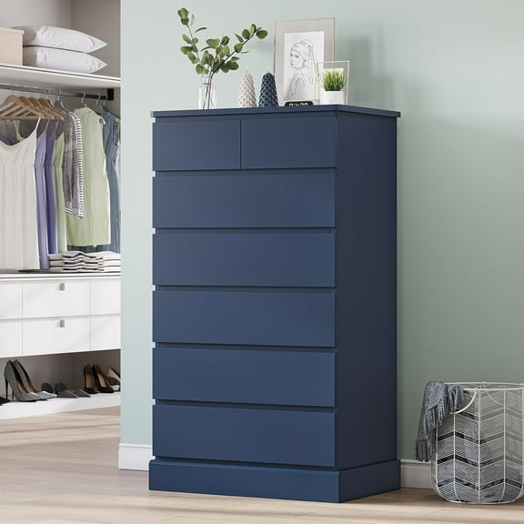 DICTAC Tall Dresser for Bedroom with 7 Drawers, 51.8" Tall Blue Dressers & Chests of Drawers, Modern Wood Closet Organizer and Storage Cabinet, Large Vertical Dresser for Bedroom, Closet, Hallway