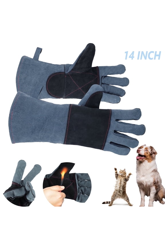Bite Proof Gloves, 14 inch Double Leather Pading Pet Gloves Scratch Resistant Animal Handling Gloves for Cat Dog Snake