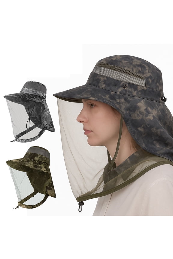 Mosquito Head Net Hat, Foldable Wide Brim Sun Cap with Neck Flap for Fishing Hiking, Black