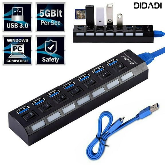 DIDADI USB Splitter, Multi Usb Port with 3.0 Hub &7 Port ,Independent On/Off Switch and LED Indicators,USB A Port Data Hub,Suitable for PC Computer Keyboard Laptop Mobile