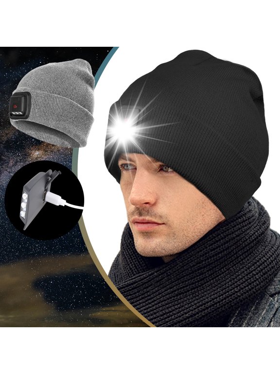 Unisex Hat with Light, Rechargeable 3 LED Flashlight Hat with Type-C Cable Headlamp Winter Cap for Outdoor Activities, Black