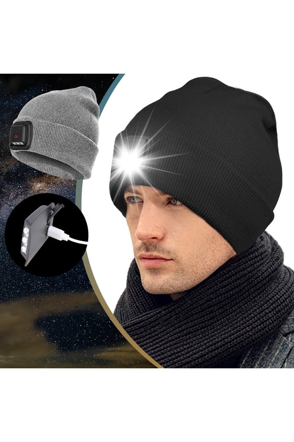 Unisex Hat with Light, Rechargeable 3 LED Flashlight Hat with Type-C Cable Headlamp Winter Cap for Outdoor Activities, Black