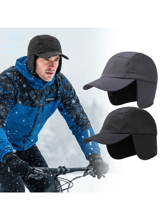 Waterproof Visor Hat with Earflaps, Winter Warm Fleece Lined Baseball Cap, Black