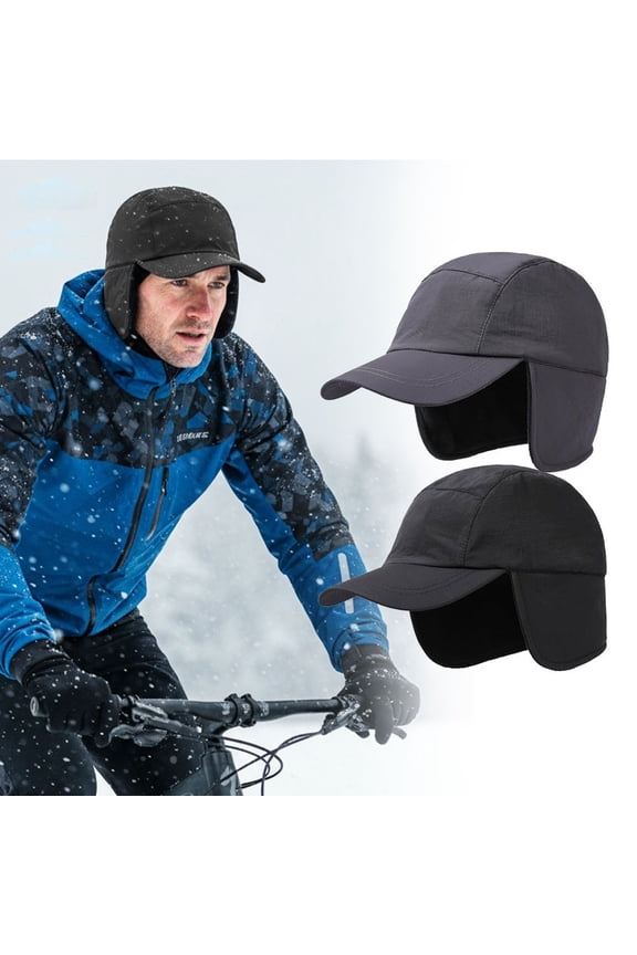Waterproof Visor Hat with Earflaps, Winter Warm Fleece Lined Baseball Cap, Gray