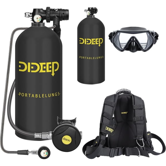 DIDEEP 3L Scuba Tank, 2pcs Lung Tank with Double Shouder Clip Diving Mask, Support About 60-80 Minutes Underwater Breathing, Diving Tank Kit for Emergency Rescue Underwater Exploration, Black