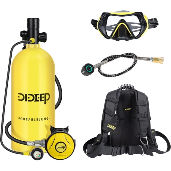 DIDEEP Diving Tank Equipment, Diving Gas Cylinder Oxygen Cylinder, 3L Oxygen Cylinder Diving Water Bottle Diving Set (Diving Four Piece Set 3L Respirator+Face Mirror+Quick Connector+Backpack Clip)