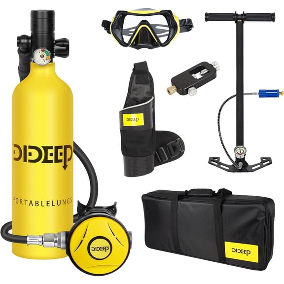 DIDEEP Scuba Tank, 1L Mini Scuba Tank, Support About 15-20 Minutes Underwater Breathing Portable, Reusable Lung Tank with High Pressure Hand Pump for Emergency Rescue Underwater Exploration