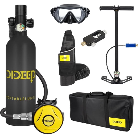 DIDEEP Scuba Tank, 1L Mini Scuba Tank, Support About 15-20 Minutes Underwater Breathing Portable, Reusable Lung Tank with High Pressure Hand Pump for Emergency Rescue Underwater Exploration