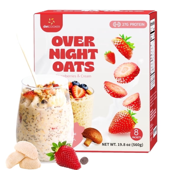 DIET COOKER Mushroom Overnight Oats, 27g of Protein & Strawberry Flavor, High Protein High Fiber Gluten-Free Protein Oatmeal Shake with Chia Seeds Lion's Mane - Oatmeal Cream Pies & Healthy Breakfast