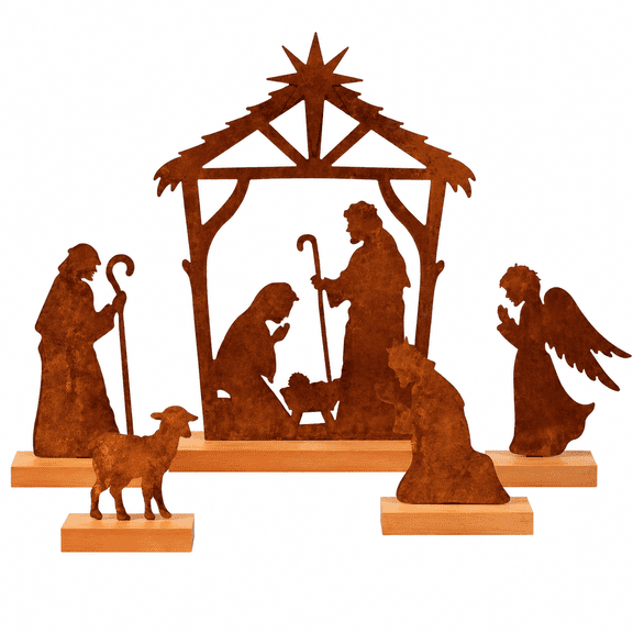 DIFELOP Christmas Table Decoration, Rustic Metal Nativity Scene with Wooden Base, 8-Piece Iron Craft Set for Home Decor, Vintage Style, Brown