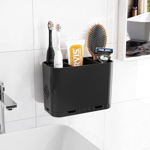 DIFELOP Toothbrush Holder Organizer for Bathroom Sink, Black Countertop Stand with Dividers and Toothpaste Slot, Vanity & Office Storage