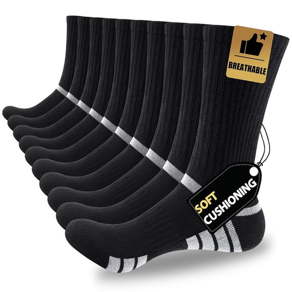 DIFFYBOX Men Cushioned Crew Socks 5 Pairs, Breathable Moisture Wicking Work Boot Socks for Hiking Running Sizes 10-13 & 13-15