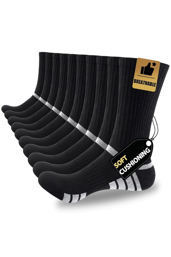 Men Cushioned Crew Socks 5 Pairs, Breathable Moisture Wicking Work Boot Socks for Hiking Running Sizes 10-13 & 13-15