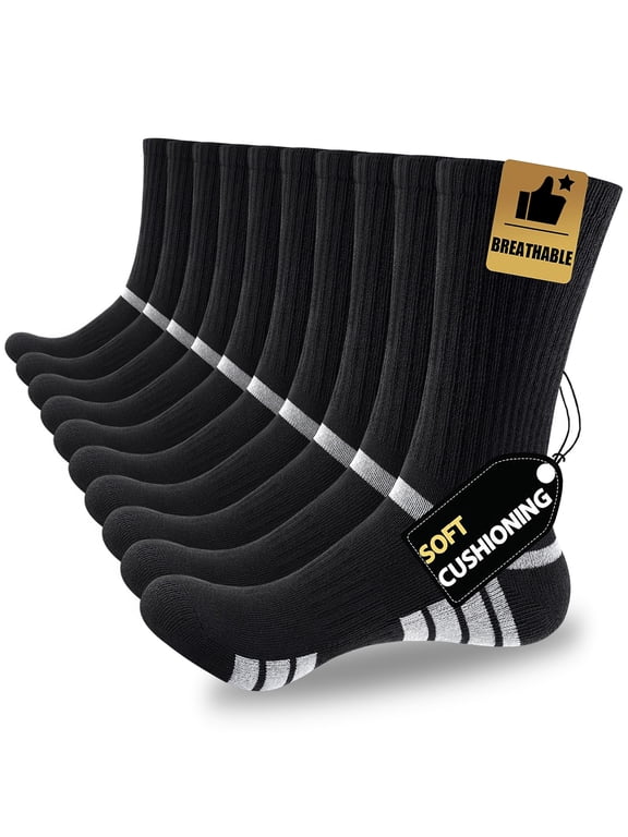Men Cushioned Crew Socks 5 Pairs, Breathable Moisture Wicking Work Boot Socks for Hiking Running Sizes 10-13 & 13-15