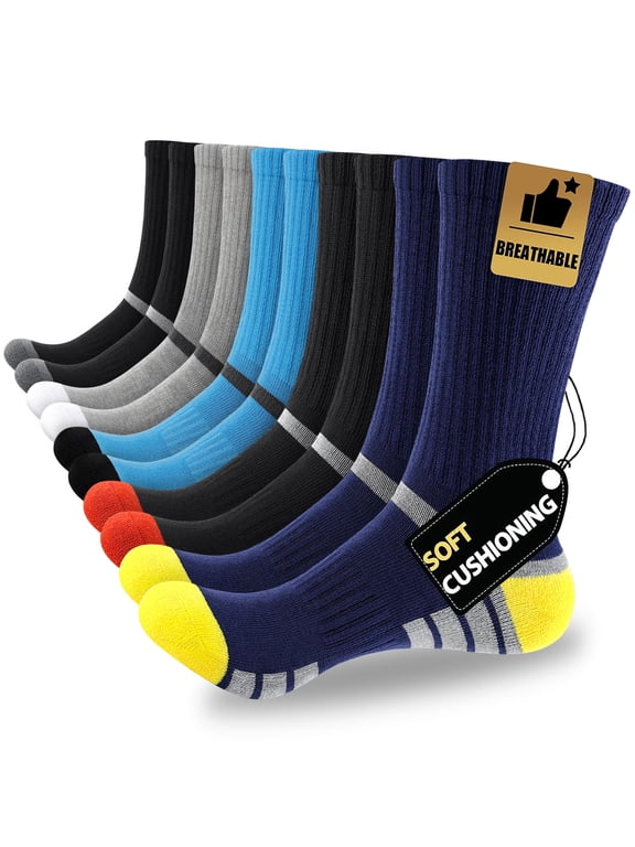 Men Cushioned Crew Socks 5 Pairs, Breathable Moisture Wicking Work Boot Socks for Hiking Running Sizes 10-13 & 13-15
