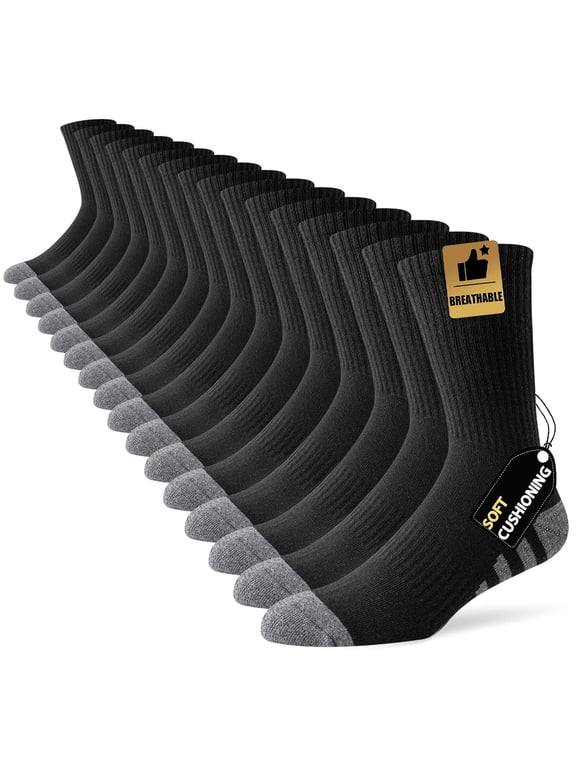 Mens Cushioned Athletic Crew Socks, 5 Pairs Moisture Wicking Breathable Work Hiking Running Socks for Men Size 10-13 & 13-15