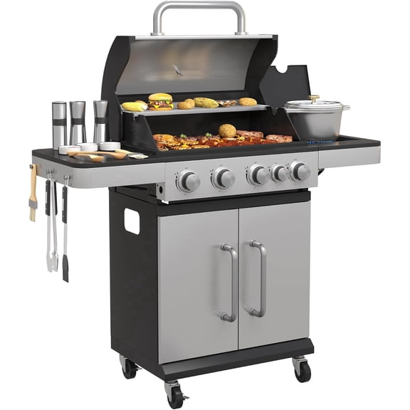 DIFY 4-Burner Propane Gas Grill - 46,000 BTU, Stainless Steel, 462 sq. in. Cooking Space,Side Burner & Storage Cabinet