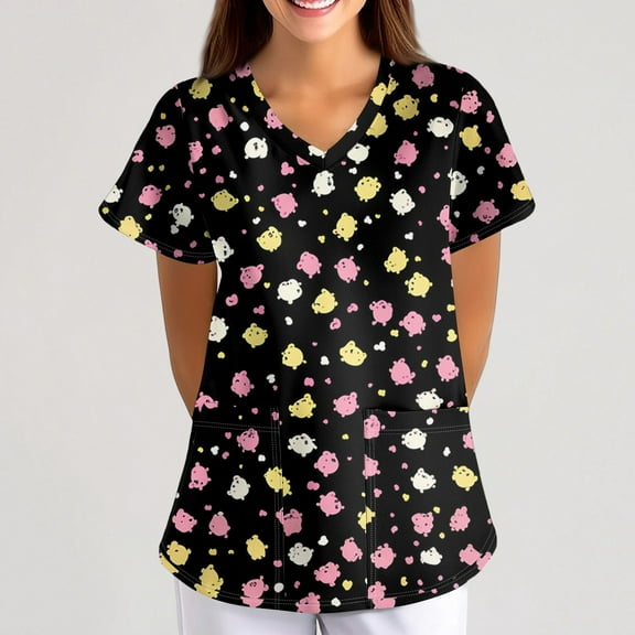 DIFUOUWE Cartoon Scrubs for Women,Womens Cute Print Scrubs Tops Summer Nurse Short Sleeve V Neck Workwear Working Uniform Blouse Medical Scrubs with Pockets - 01-Purple
