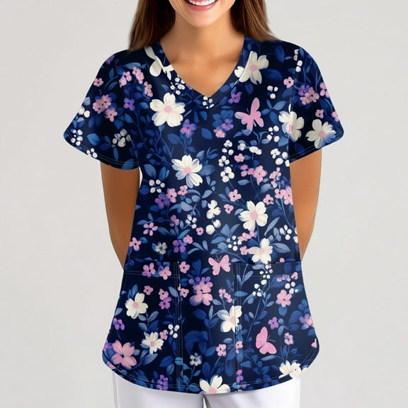 DIFUOUWE Cartoon Scrubs for Women,Womens Cute Print Scrubs Tops Summer Nurse Short Sleeve V Neck Workwear Working Uniform Blouse Medical Scrubs with Pockets - 01-Purple