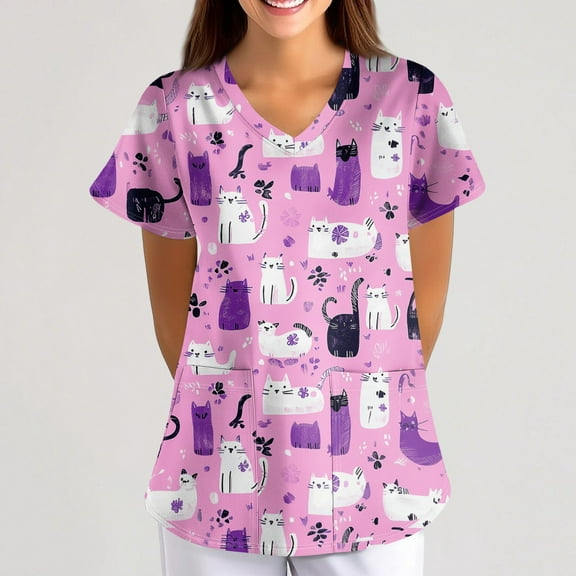 DIFUOUWE Cartoon Scrubs for Women,Womens Cute Print Scrubs Tops Summer Nurse Short Sleeve V Neck Workwear Working Uniform Blouse Medical Scrubs with Pockets - 01-Purple