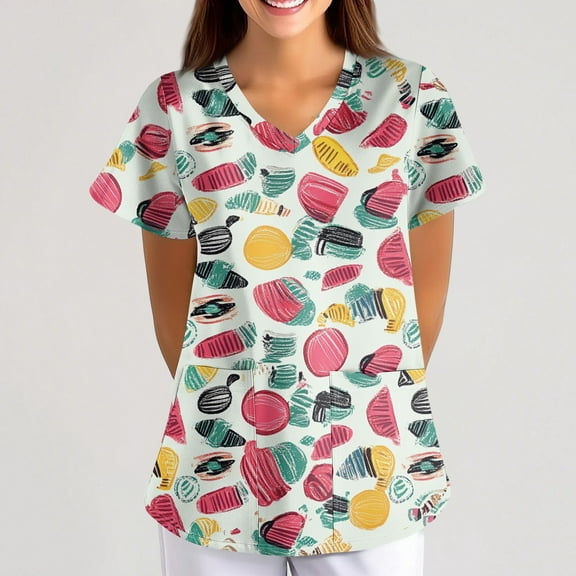 DIFUOUWE Cartoon Scrubs for Women,Womens Cute Print Scrubs Tops Summer Nurse Short Sleeve V Neck Workwear Working Uniform Blouse Medical Scrubs with Pockets - 01-Purple