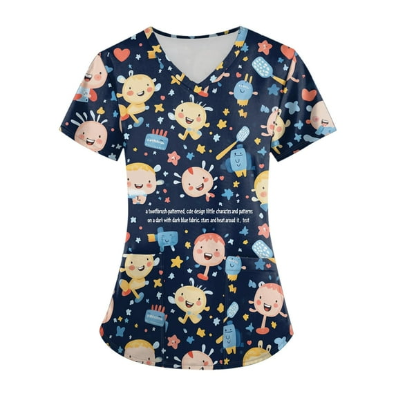 DIFUOUWE Cute Cartoon Scrubs for Women Set Cozy Fit Scrub Top & Pant with Pockets Plus Size Medical Nursing Uniforms - 03-Blue
