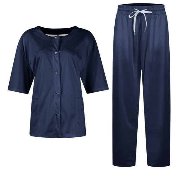 DIFUOUWE Oversized Scrubs for Women Set V-Neck Pocket Top & Drawstring Jogger Scrub Pants Stretch Nursing Scrubs Set Uniform (Dark Blue S)