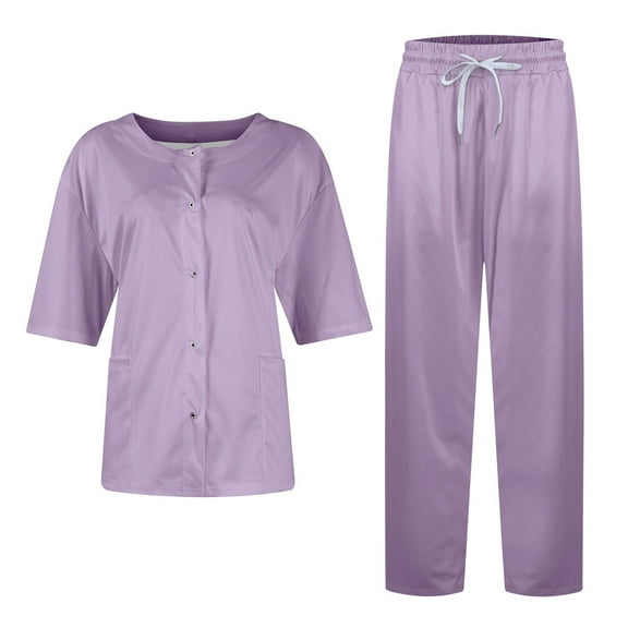 DIFUOUWE Oversized Scrubs for Women Set V-Neck Pocket Top & Drawstring Jogger Scrub Pants Stretch Nursing Scrubs Set Uniform (Light Purple XXXL)