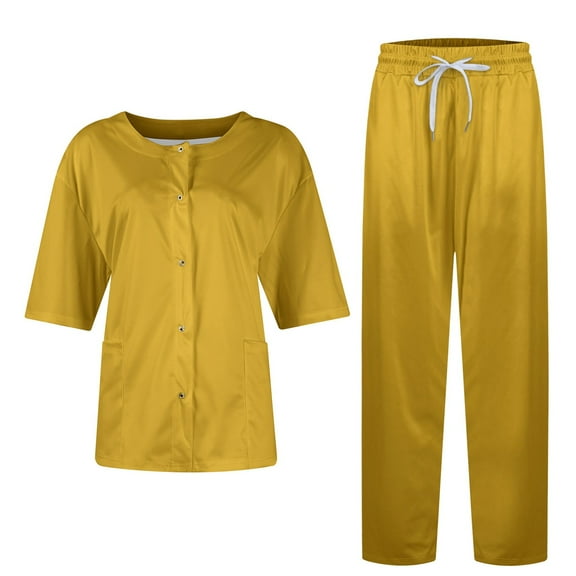 DIFUOUWE Oversized Scrubs for Women Set V-Neck Pocket Top & Drawstring Jogger Scrub Pants Stretch Nursing Scrubs Set Uniform (Yellow S)