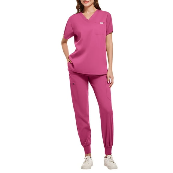 DIFUOUWE Scrubs Medical Uniform Women and Man Scrubs Set Short Sleeve Medical Scrubs Top and Pants (Hot Pink S)