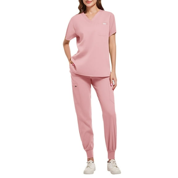 DIFUOUWE Scrubs Medical Uniform Women and Man Scrubs Set Short Sleeve Medical Scrubs Top and Pants (Pink S)