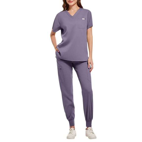 DIFUOUWE Scrubs Medical Uniform Women and Man Scrubs Set Short Sleeve Medical Scrubs Top and Pants (Purple S)