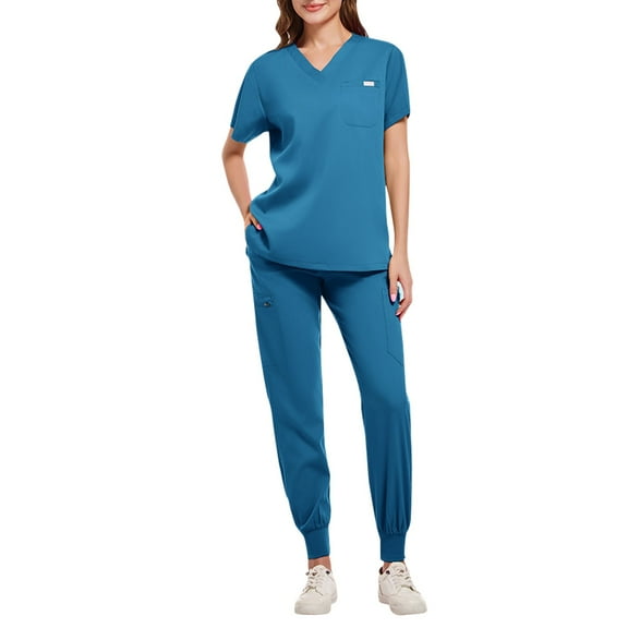 DIFUOUWE Scrubs Medical Uniform Women and Man Scrubs Set Short Sleeve Medical Scrubs Top and Pants (Sky Blue S)
