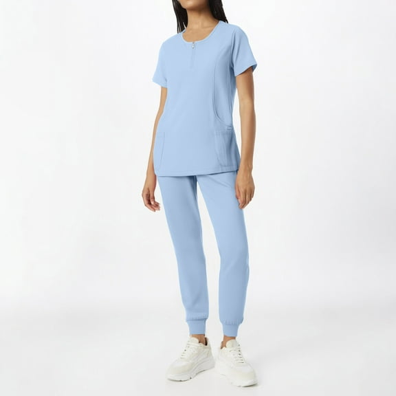 DIFUOUWE Scrubs for Women Set Medical Uniform - Crew Neck Top & Straight Leg Pants with Pockets, Workwear (Light Blue L)