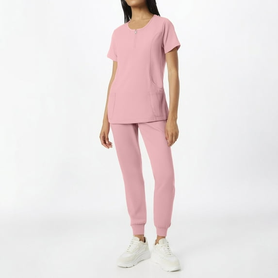 DIFUOUWE Scrubs for Women Set Medical Uniform - Crew Neck Top & Straight Leg Pants with Pockets, Workwear (Pink XL)