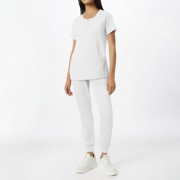 DIFUOUWE Scrubs for Women Set Medical Uniform - Crew Neck Top & Straight Leg Pants with Pockets, Workwear (White XL)