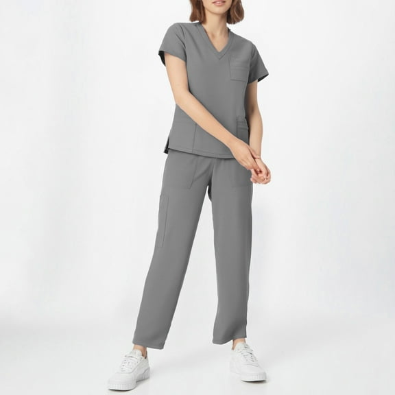 DIFUOUWE Scrubs for Women Set Medical Uniform - V-Neck Short Sleeve Top & Straight Leg Pants, Womens Workwear (Gray S)