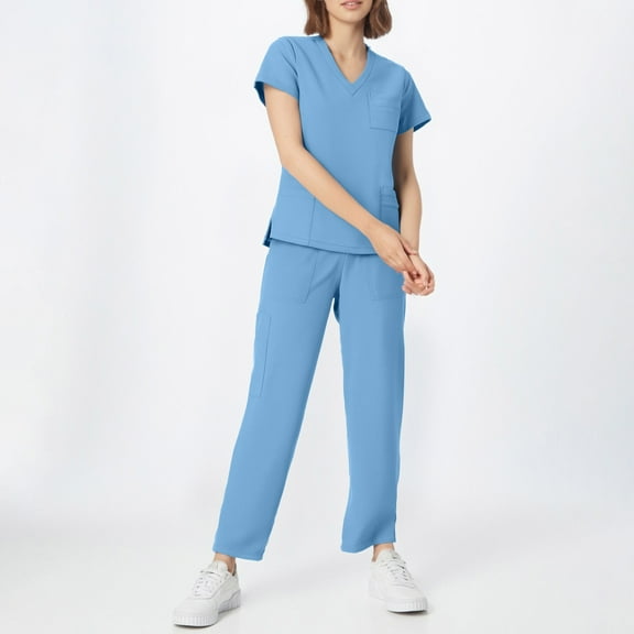 DIFUOUWE Scrubs for Women Set Medical Uniform - V-Neck Short Sleeve Top & Straight Leg Pants, Womens Workwear (Sky Blue XXL)