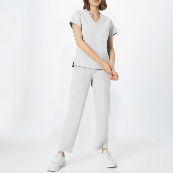 DIFUOUWE Scrubs for Women Set Medical Uniform - V-Neck Short Sleeve Top & Straight Leg Pants, Womens Workwear (White L)