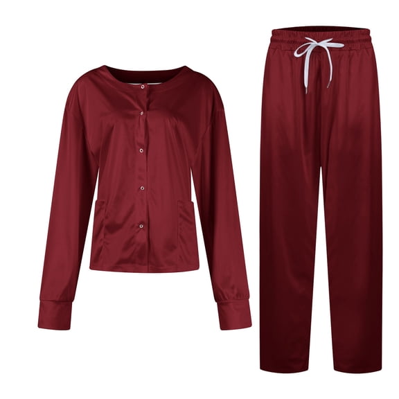 DIFUOUWE Scrubs for Women Set V-Neck Pocket Long Sleeve Top & Drawstring Jogger Scrub Pants Stretch Nursing Scrubs Set Uniform (Wine S)