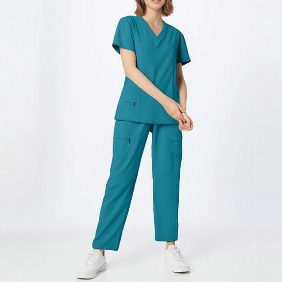 DIFUOUWE Scrubs for Women Set V-Neck Pocket Top & Drawstring Jogger Scrub Pants Stretch Nursing Scrubs Set Uniform (Turquoise S)