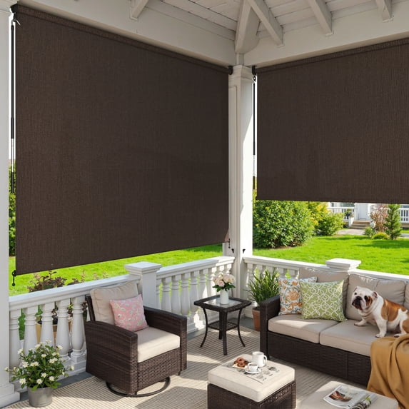 DIFY 10' x 8' Outdoor Roller Shade, Cordless Patio Blinds for Porch Pergola Balcony Deck Windows, Chocolate