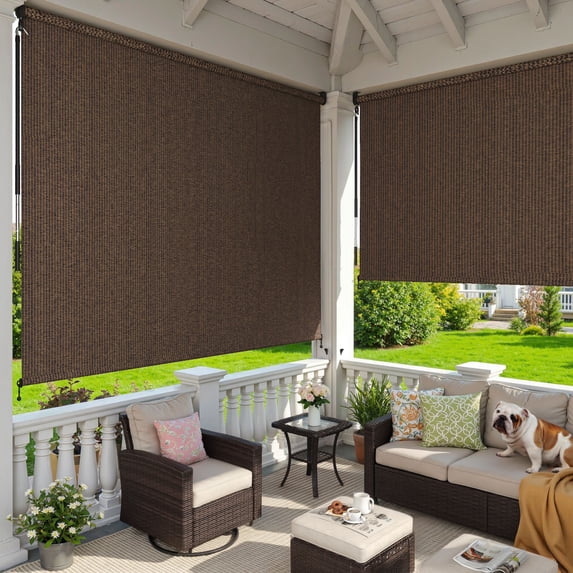 DIFY 11' x 8' Outdoor Roller Shade, Cordless Patio Blinds for Porch Pergola Balcony Deck, Mocha
