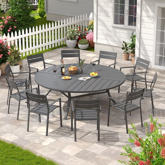 DIFY 11PCS Outdoor Dining Set, 63" Round Dining Table and 10 Stackable Metal Chairs, Grey