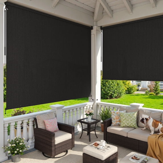 DIFY 12' x 8' Outdoor Roller Shade, Cordless Patio Blinds for Porch Pergola Balcony Deck Windows, Black