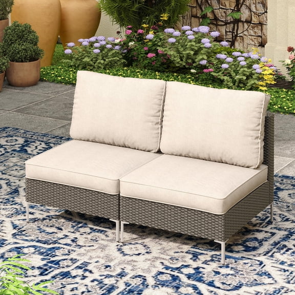 DIFY 2PCS Wicker Outdoor Conversation Set, Armless Sofas with Cushion for Patio Grey Rattan and Metal Frame