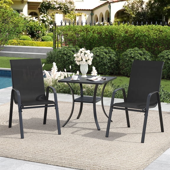 DIFY 3-Piece Patio Dining Set for 2, 27" Metal Square Table with 2 Stackable Chairs, Black&Black