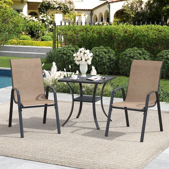 DIFY 3-Piece Patio Dining Set for 2, 27" Metal Square Table with 2 Stackable Chairs, Black&Brown