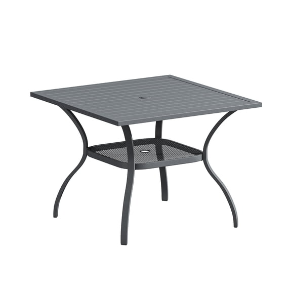 DIFY 38" Square Metal Patio Dining Table for 4, with Storage Shelf & Umbrella Hole, Dark Gray