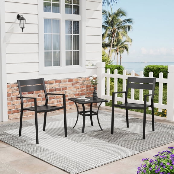 DIFY 3PCS Outdoor Dining Set, 18" Square Dining Table and 2 Stackable Metal Chairs, Black